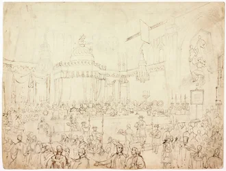 ロンドンのギルドホールでの同盟主権者の宴会のための研究（インク）